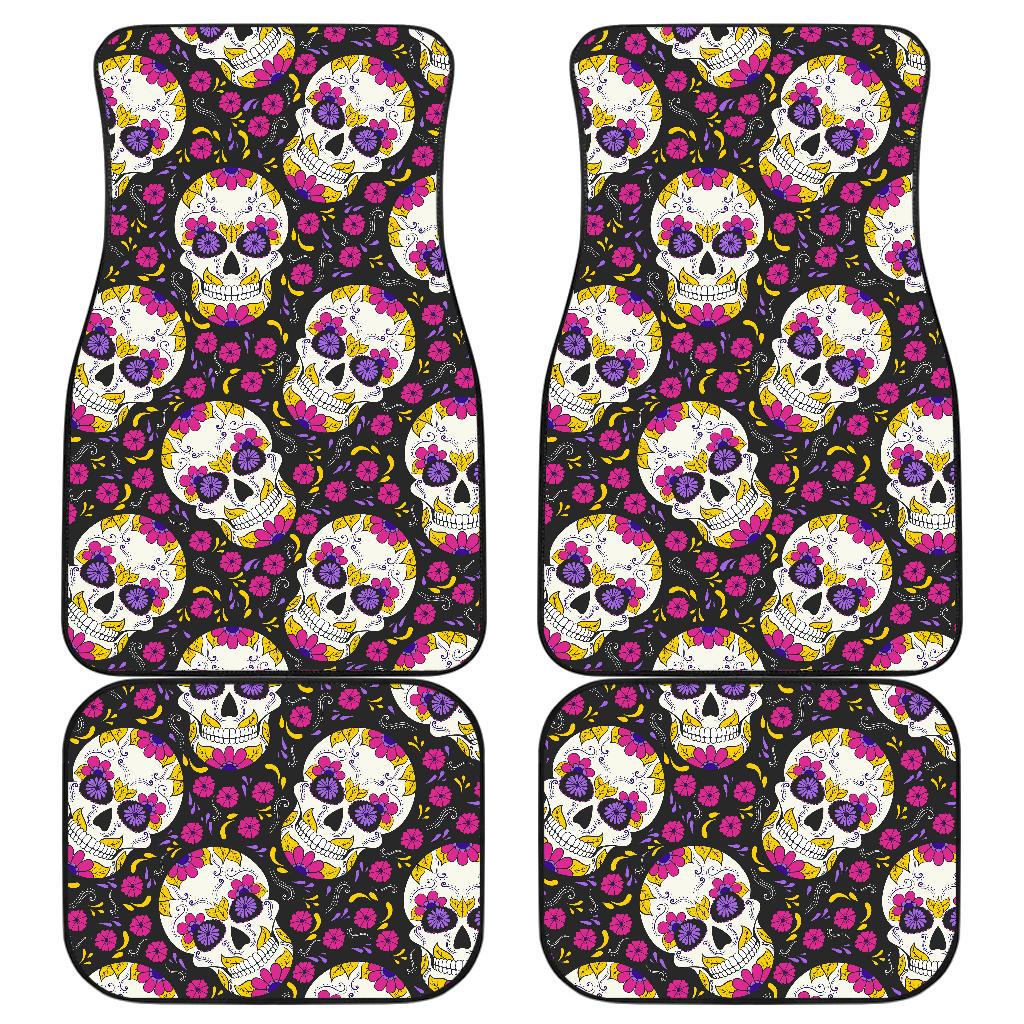 sugar skull Floral Pattern Front and Back Car Floor Mats