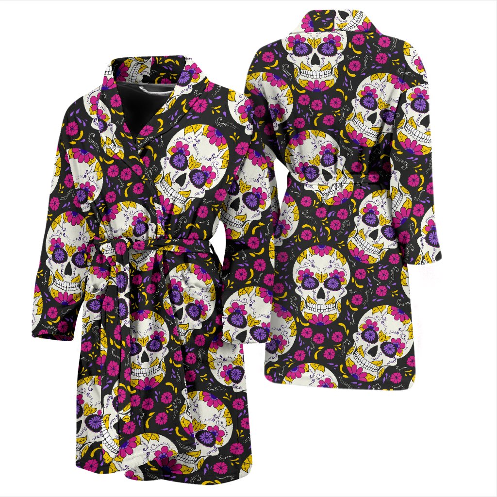 Sugar Skull Floral Pattern Men Bath Robe