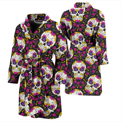 Sugar Skull Floral Pattern Men Bath Robe
