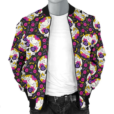 Sugar Skull Floral Pattern Men Casual Bomber Jacket