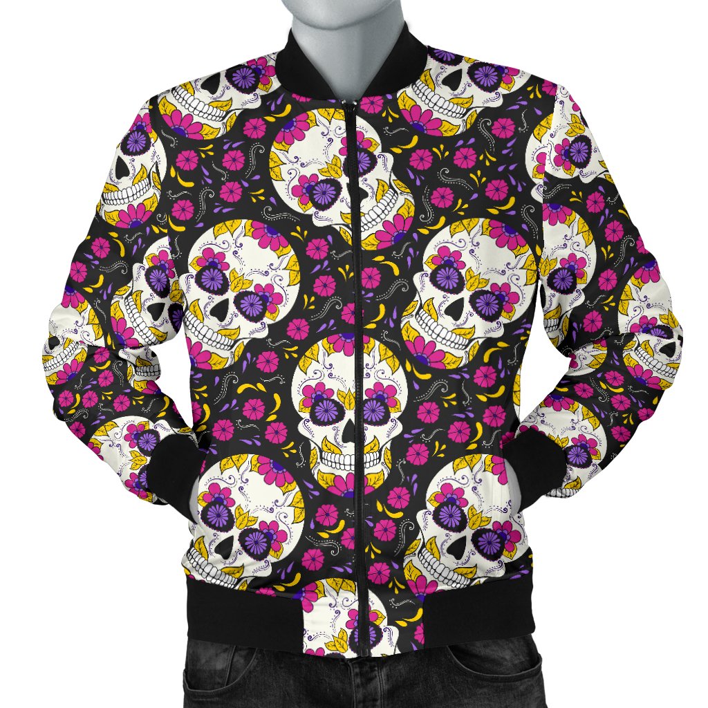 Sugar Skull Floral Pattern Men Casual Bomber Jacket