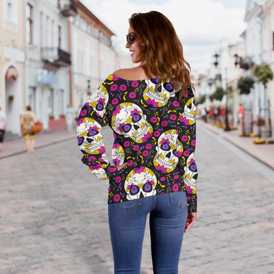 Sugar Skull Floral Pattern Off Shoulder Sweatshirt