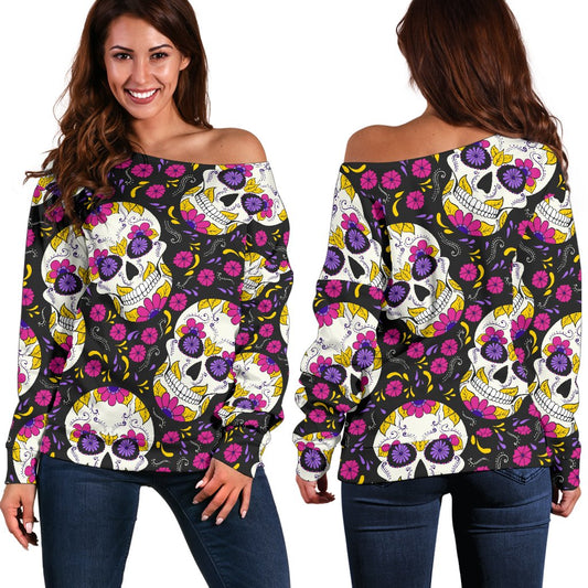 Sugar Skull Floral Pattern Off Shoulder Sweatshirt