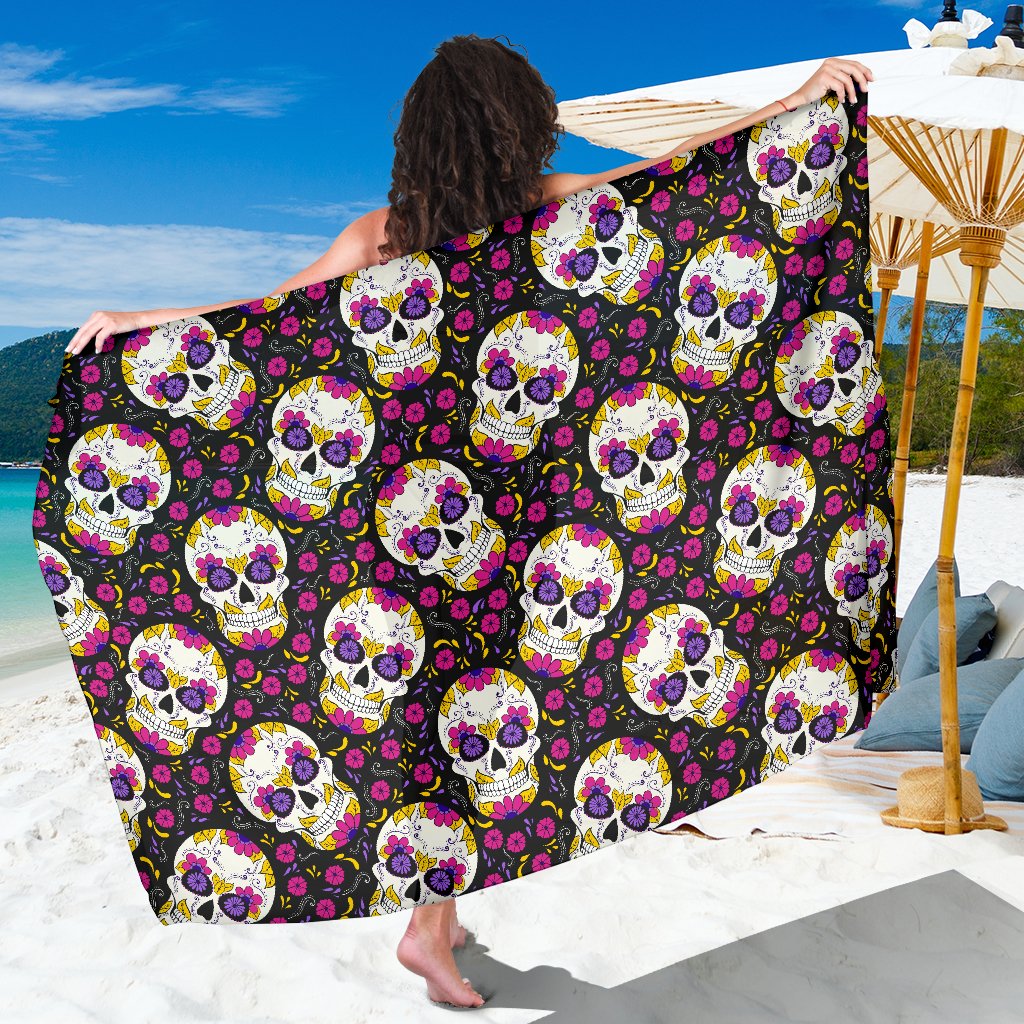 Sugar Skull Floral Pattern Sarong Pareo Wrap