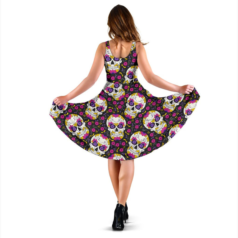 Sugar Skull Floral Pattern Sleeveless Mini Dress