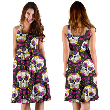 Sugar Skull Floral Pattern Sleeveless Mini Dress
