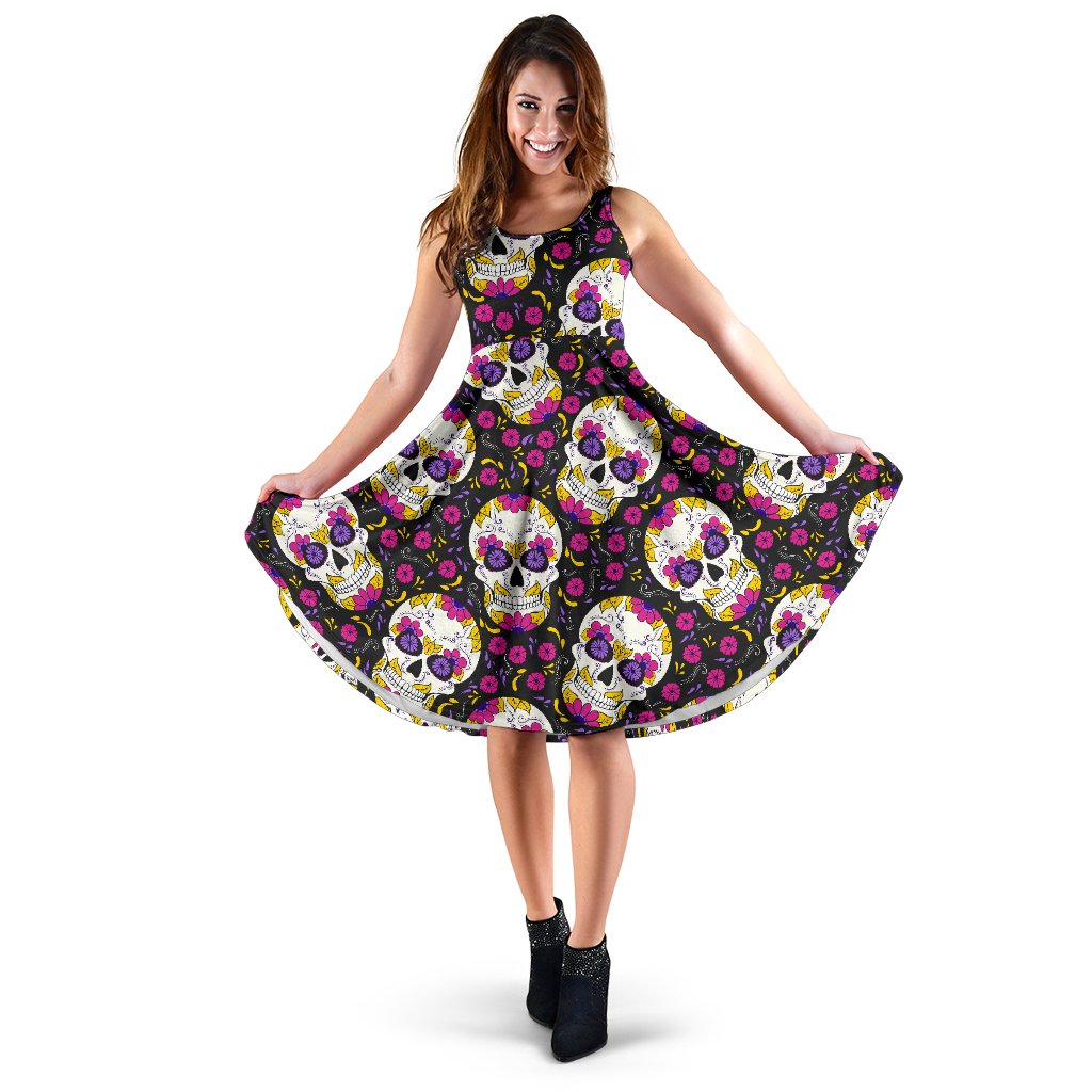 Sugar Skull Floral Pattern Sleeveless Mini Dress