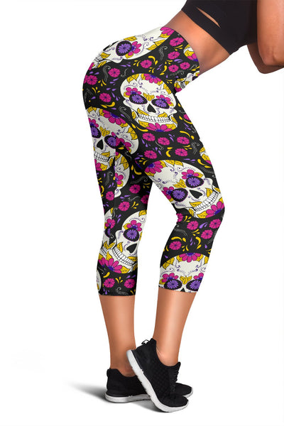 Sugar Skull Floral Pattern Women Capris