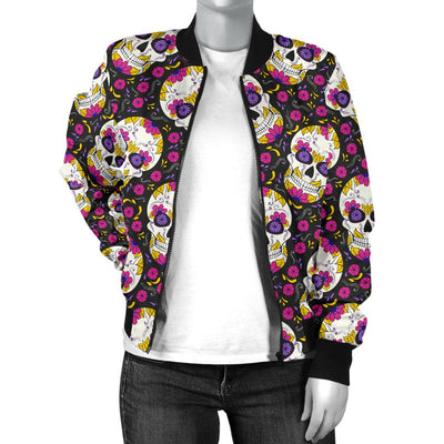 Sugar Skull Floral Pattern Women Casual Bomber Jacket