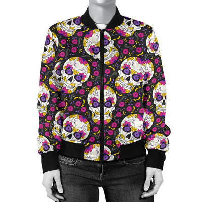 Sugar Skull Floral Pattern Women Casual Bomber Jacket