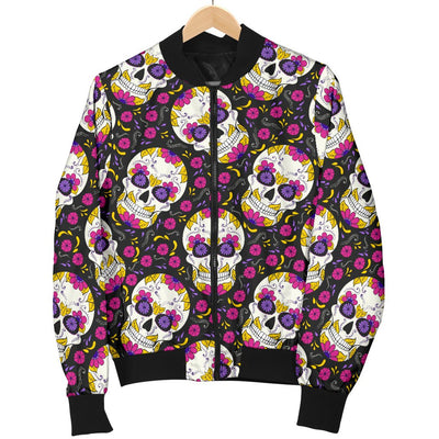 Sugar Skull Floral Pattern Women Casual Bomber Jacket