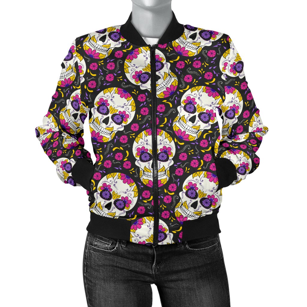 Sugar Skull Floral Pattern Women Casual Bomber Jacket