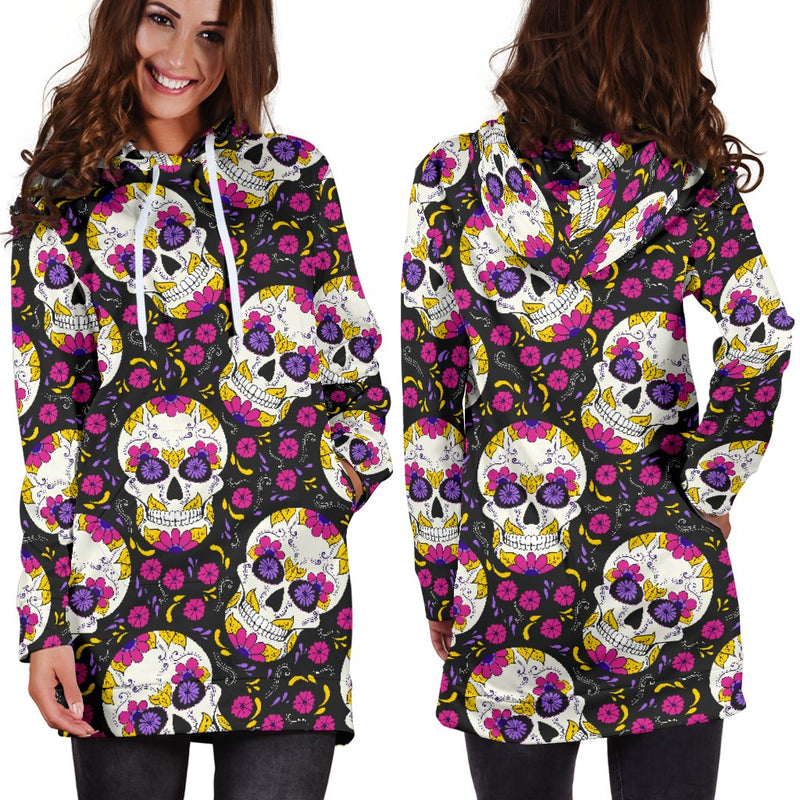 Sugar Skull Floral Pattern Women Hoodie Dress