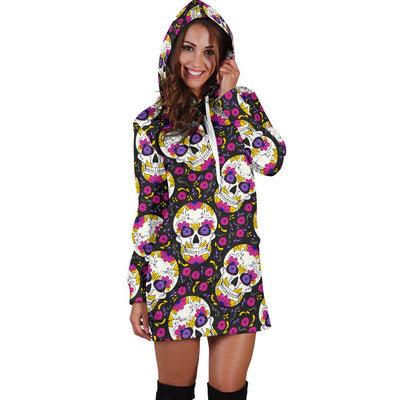 Sugar Skull Floral Pattern Women Hoodie Dress