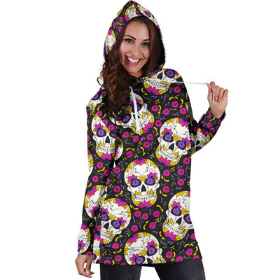 Sugar Skull Floral Pattern Women Hoodie Dress