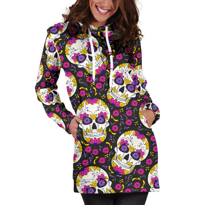 Sugar Skull Floral Pattern Women Hoodie Dress