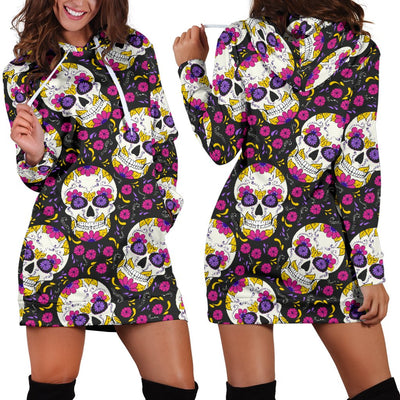 Sugar Skull Floral Pattern Women Hoodie Dress