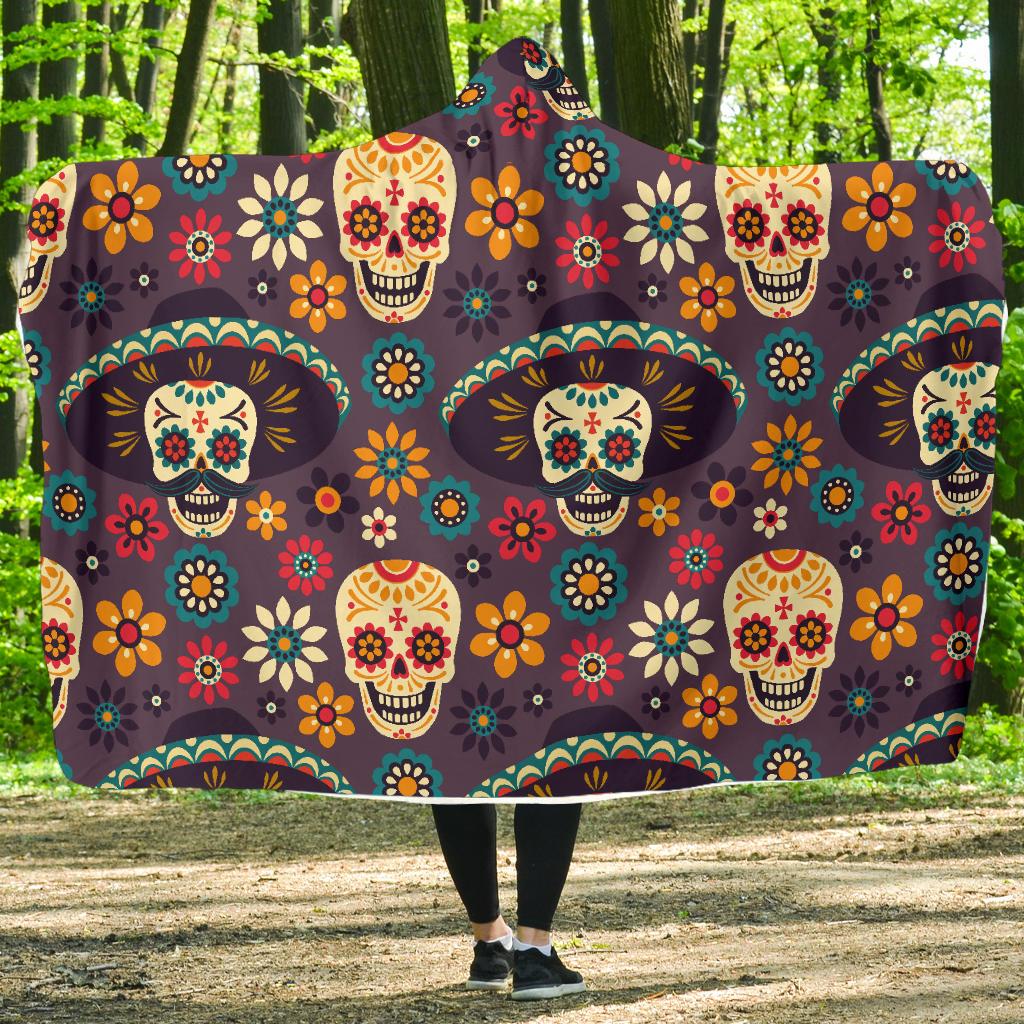 sugar skull Maxican Pattern Hooded Blanket-JORJUNE.COM