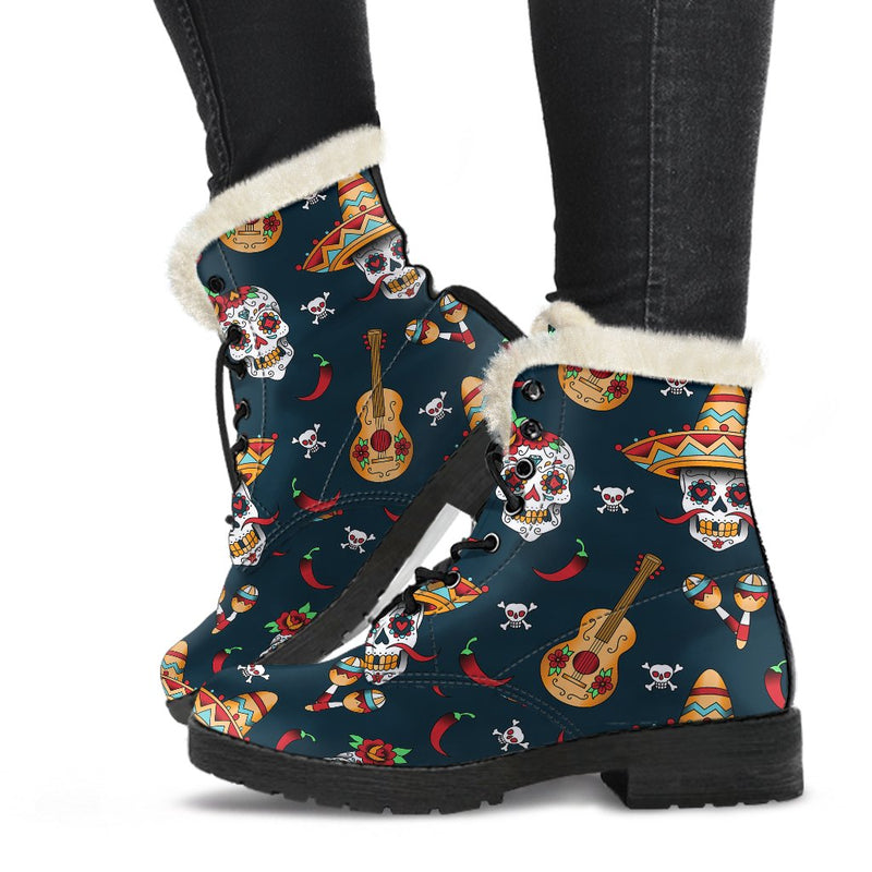 Sugar Skull Mexican Faux Fur Leather Boots