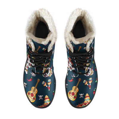 Sugar Skull Mexican Faux Fur Leather Boots