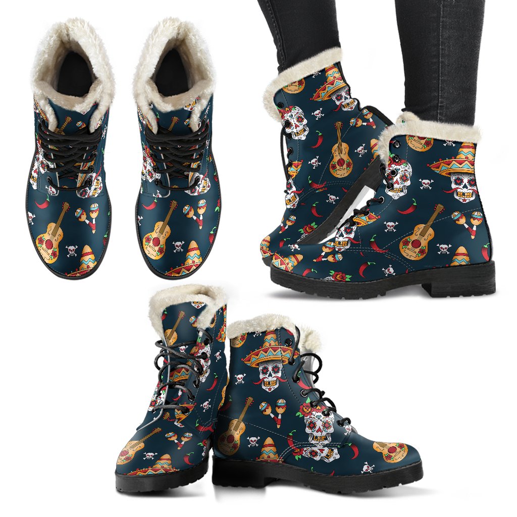 Sugar Skull Mexican Faux Fur Leather Boots