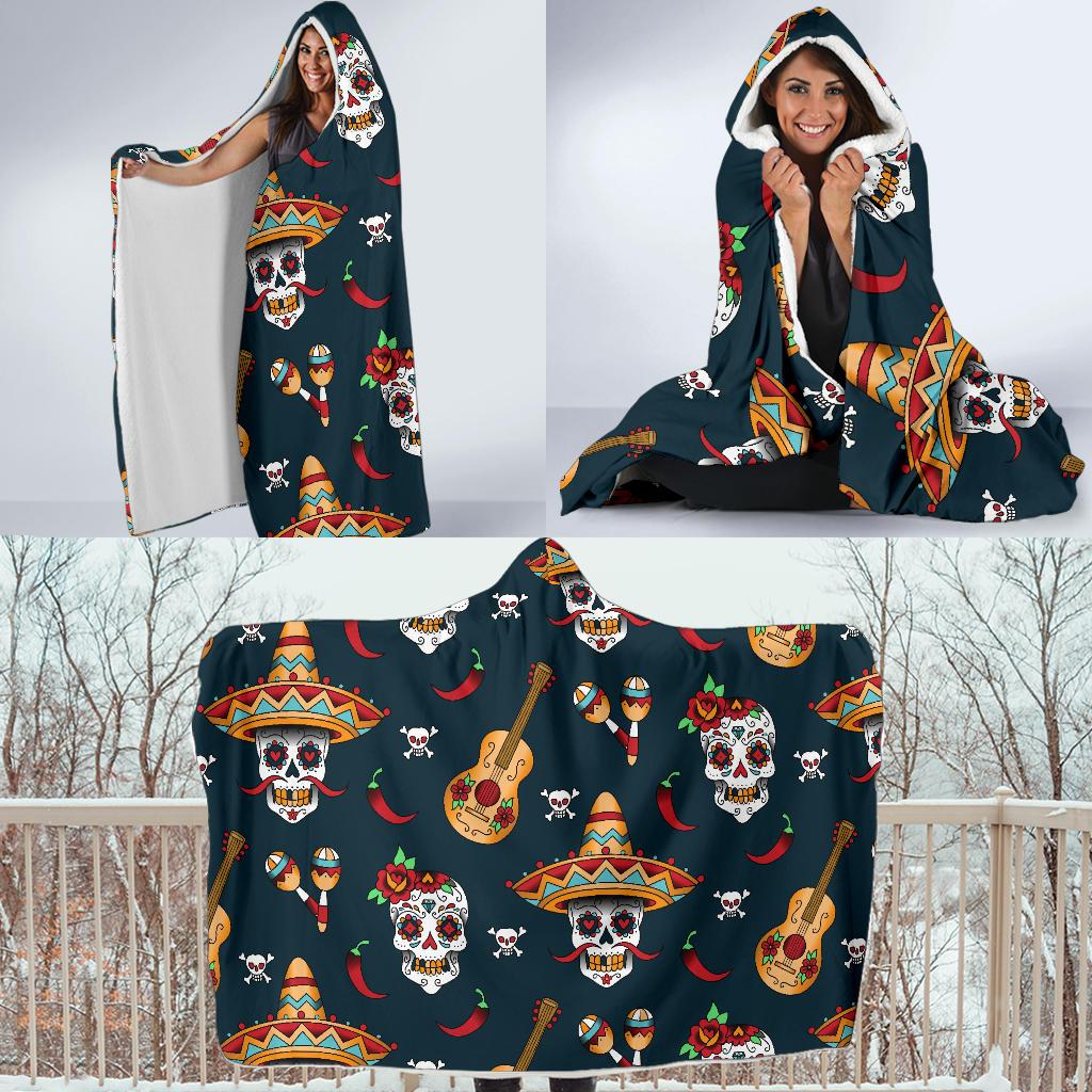 sugar skull Mexican Hooded Blanket-JORJUNE.COM