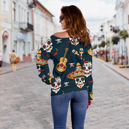 Sugar Skull Mexican Off Shoulder Sweatshirt