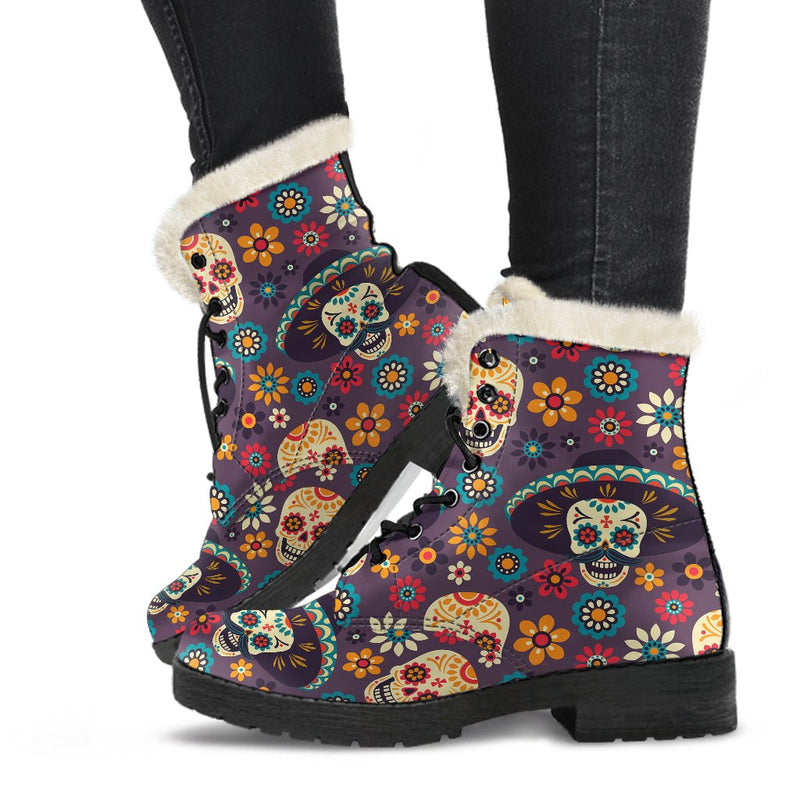 Sugar Skull Mexican Pattern Faux Fur Leather Boots