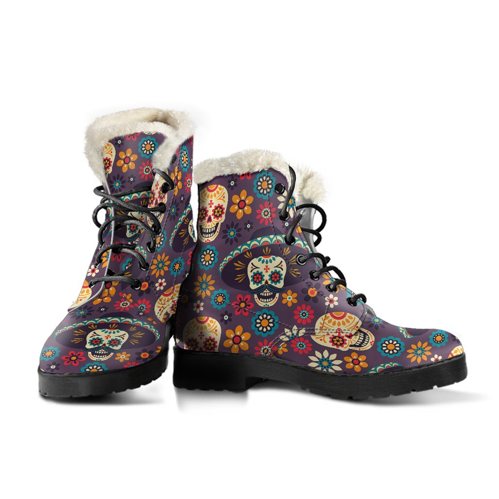 Sugar Skull Mexican Pattern Faux Fur Leather Boots