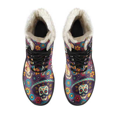 Sugar Skull Mexican Pattern Faux Fur Leather Boots