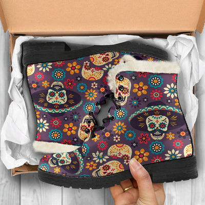 Sugar Skull Mexican Pattern Faux Fur Leather Boots