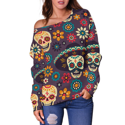 Sugar Skull Mexican Pattern Off Shoulder Sweatshirt