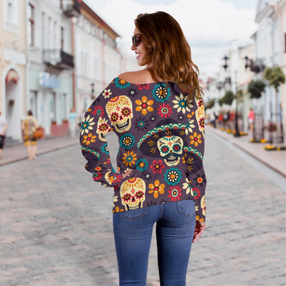 Sugar Skull Mexican Pattern Off Shoulder Sweatshirt