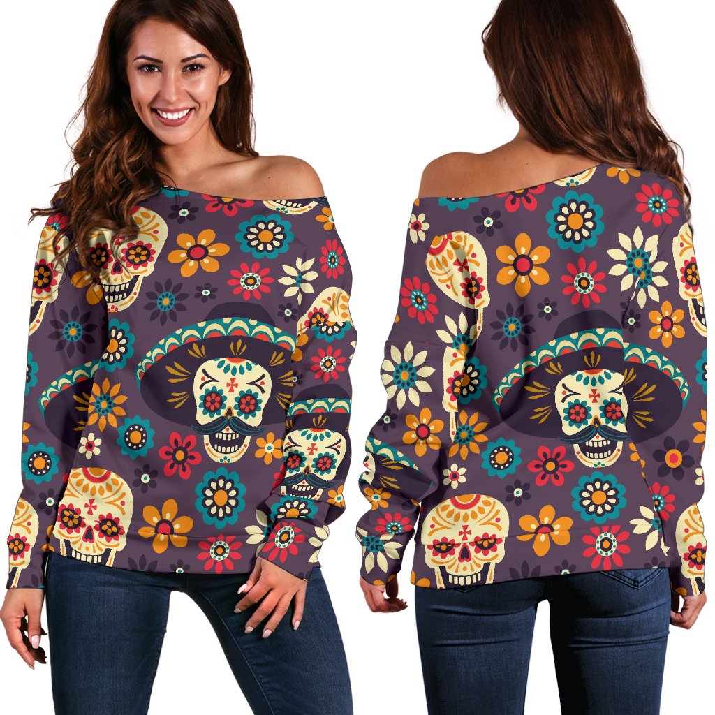 Sugar Skull Mexican Pattern Off Shoulder Sweatshirt