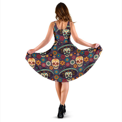Sugar Skull Mexican Pattern Sleeveless Mini Dress