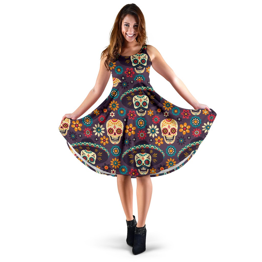 Sugar Skull Mexican Pattern Sleeveless Mini Dress