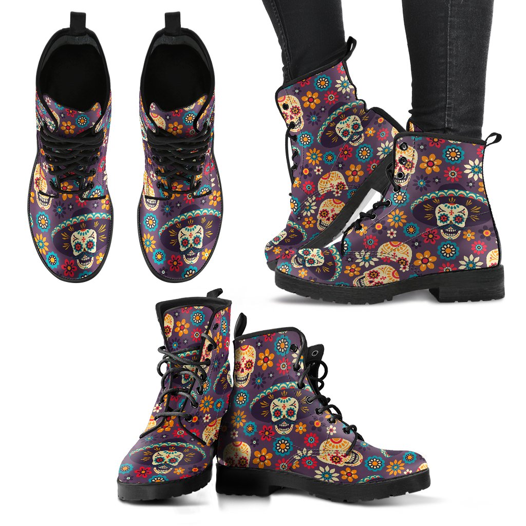 Sugar Skull Mexican Pattern Women Leather Boots