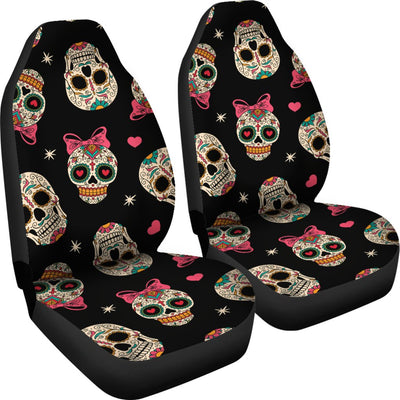 Sugar Skull Pink Bow Themed Print Universal Fit Car Seat Covers-JorJune