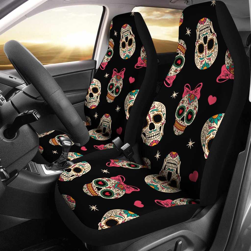 Sugar Skull Pink Bow Themed Print Universal Fit Car Seat Covers-JorJune