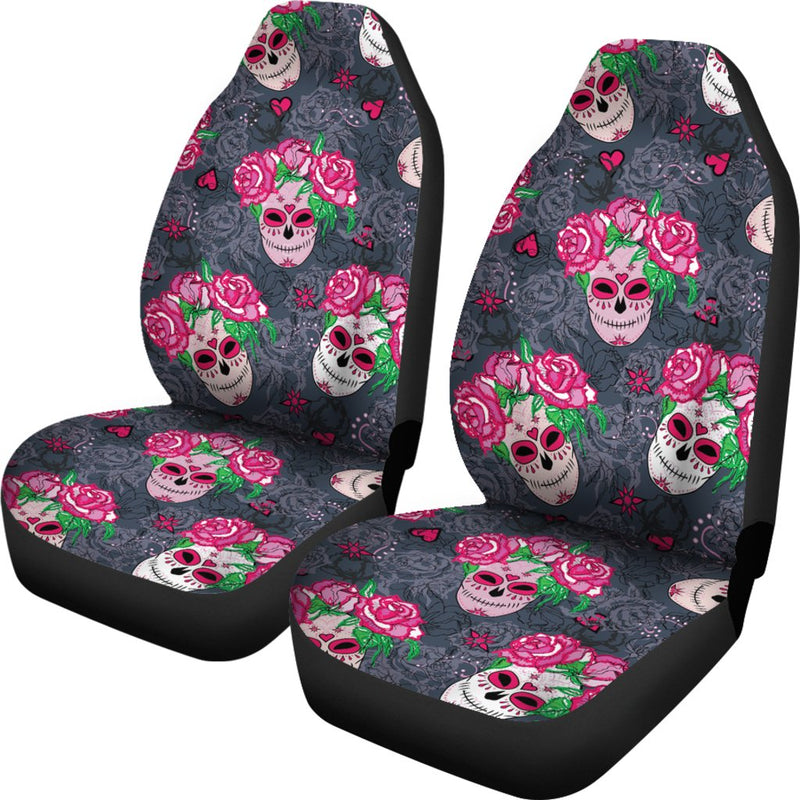 Sugar Skull Pink Rose Themed Print Universal Fit Car Seat Covers-JorJune