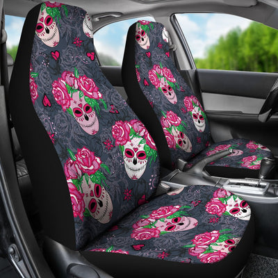 Sugar Skull Pink Rose Themed Print Universal Fit Car Seat Covers-JorJune