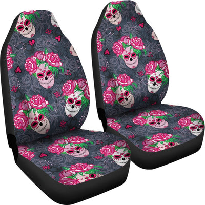 Sugar Skull Pink Rose Themed Print Universal Fit Car Seat Covers-JorJune