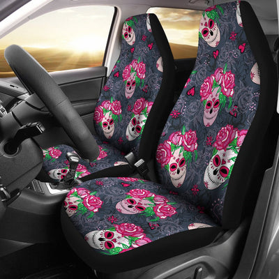 Sugar Skull Pink Rose Themed Print Universal Fit Car Seat Covers-JorJune