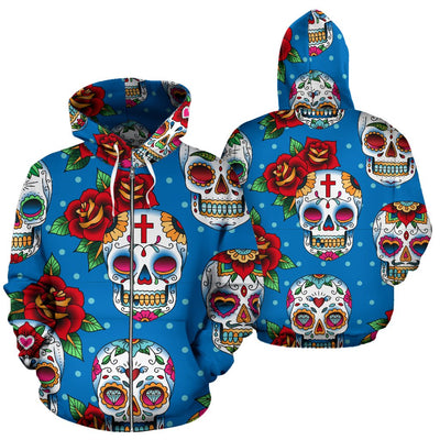 Sugar Skull Rose Pattern All Over Zip Up Hoodie