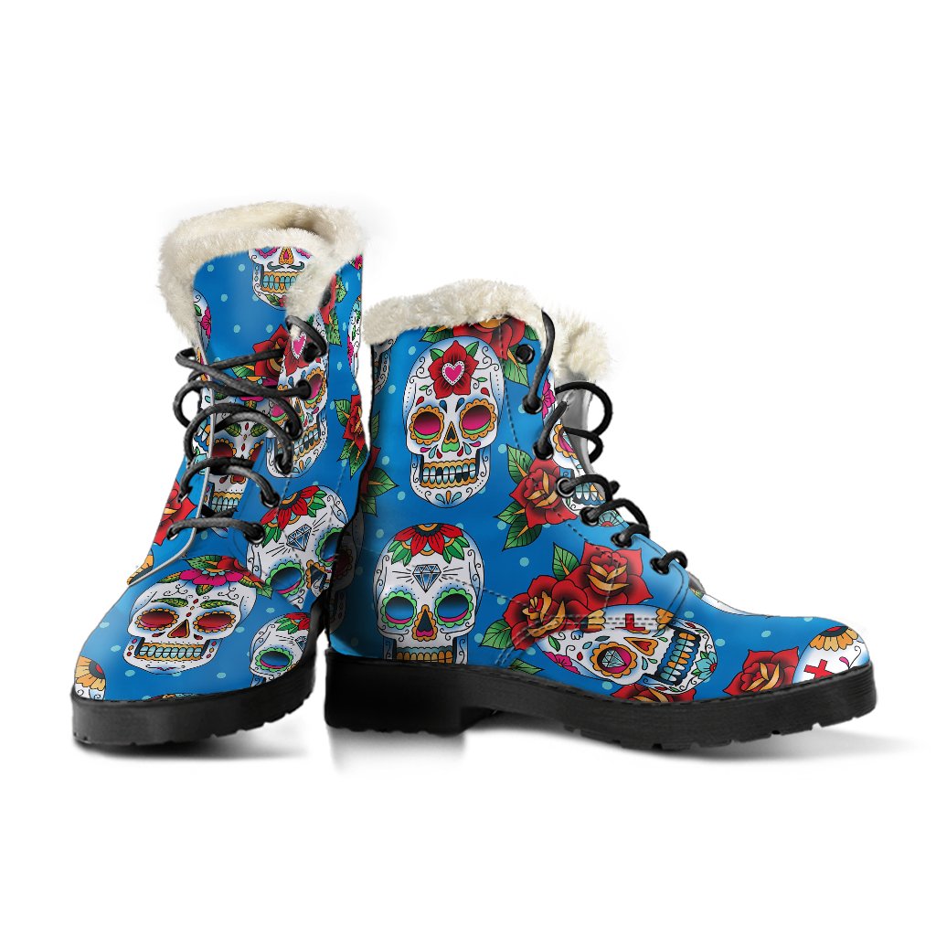 Sugar Skull Rose Pattern Faux Fur Leather Boots