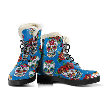 Sugar Skull Rose Pattern Faux Fur Leather Boots