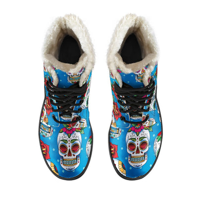 Sugar Skull Rose Pattern Faux Fur Leather Boots