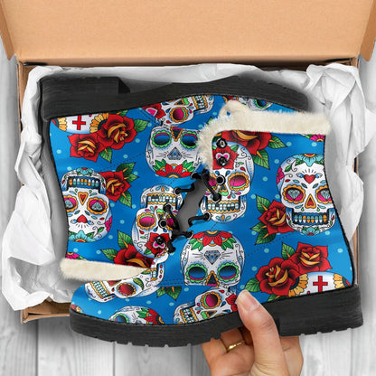 Sugar Skull Rose Pattern Faux Fur Leather Boots
