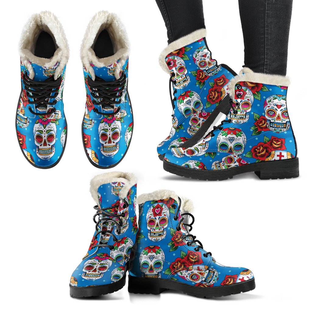 Sugar Skull Rose Pattern Faux Fur Leather Boots