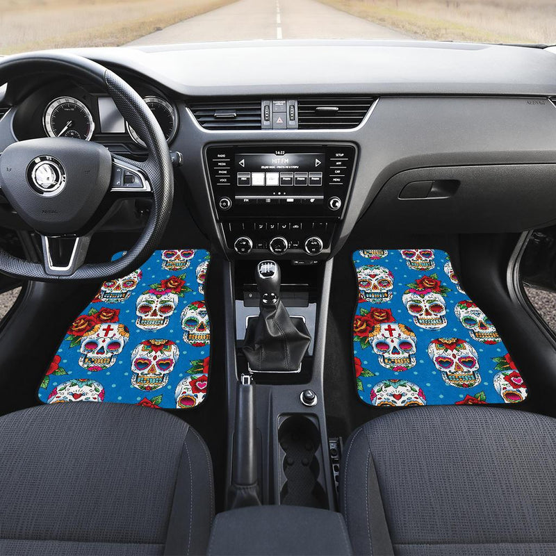 Sugar Skull Rose Pattern Front and Back Car Floor Mats